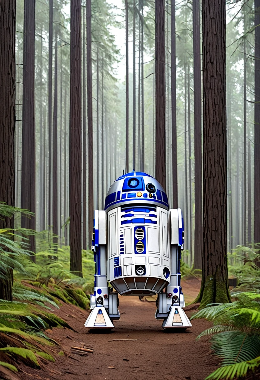 starwars,R2D2,walking,forest,a house is being built
