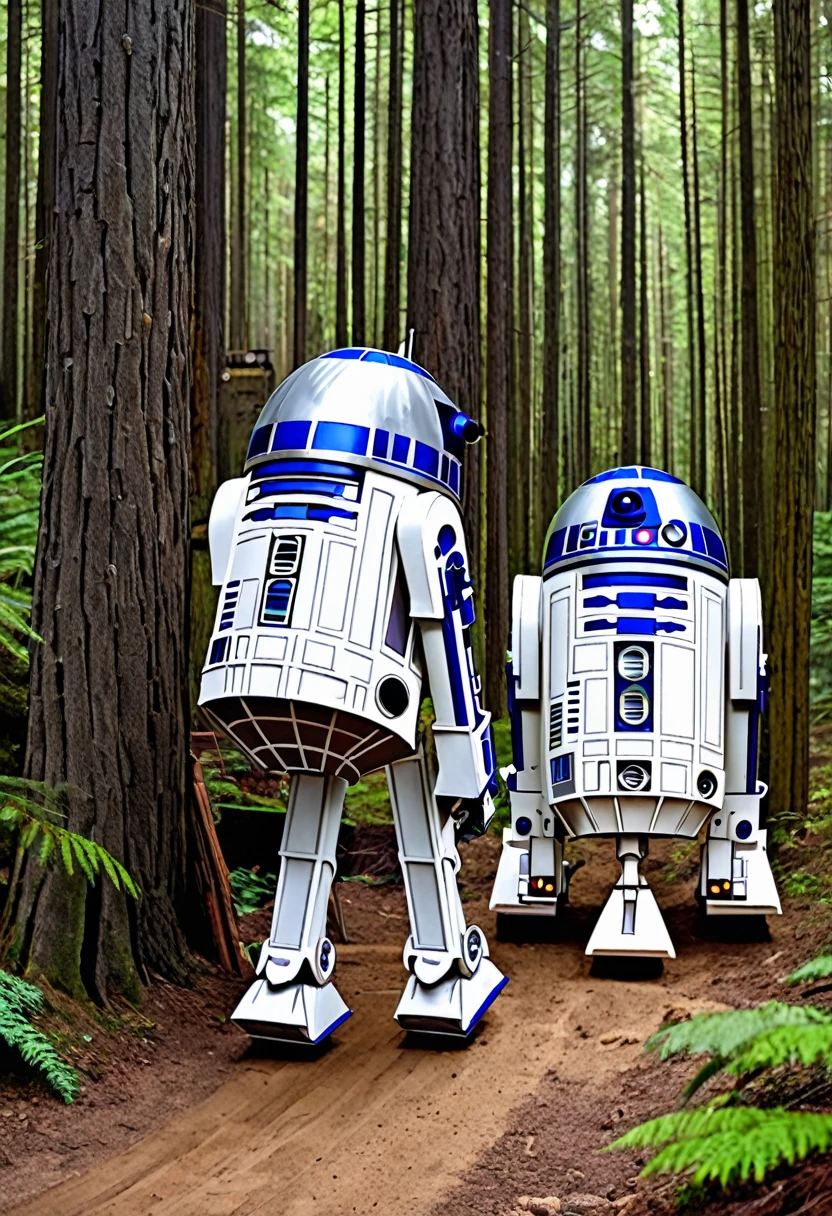 starwars,R2D2,walking,forest,a house is being built