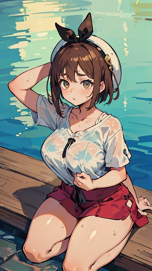 (Highest quality, 8K, masterpiece :1.3),Lizaリン・シュタウト(Lizaのアトリエ),Liza,Plump, One woman,Wet with sweat,Large Breasts,short hair,Brown Hair,hair band,Clothing,hat