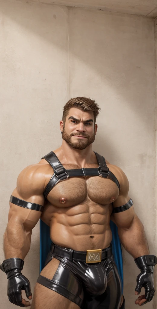 Scooby dom, 20 years old, short hair, men, hairy, hairyalpha, BeardAlpha, wearing a superhero clothes, wearing a superhero cape, furry, tight uniform, latex, gloves, elbow pads, shoulder pads, wearing a pectoral harness, oversized pectorals, heavy pectorals, oversized bulge, intimidating, smirking, nipple rings, angry, threatening, bara, prison background