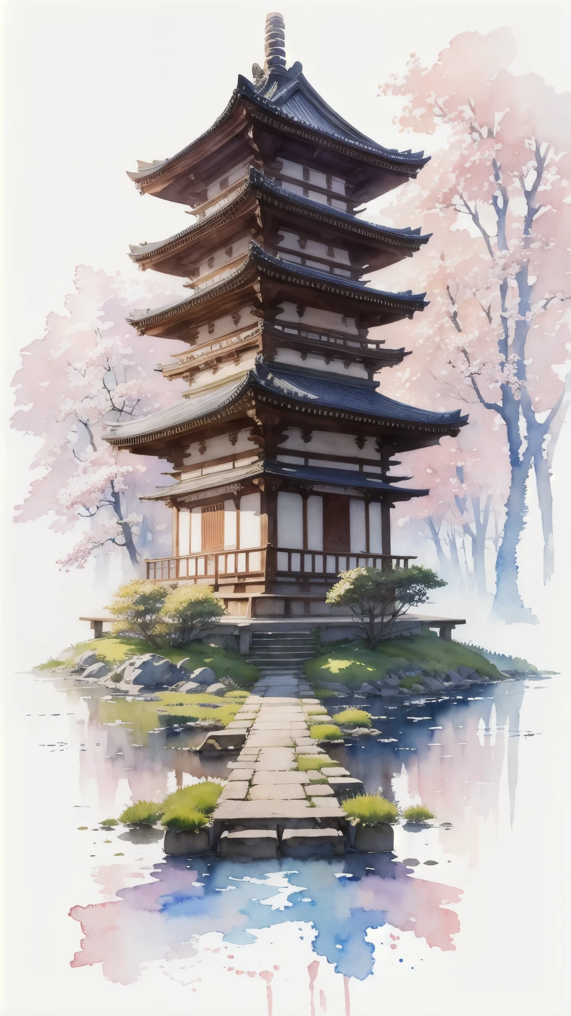 (masterpiece),(Highest quality:1.2),(Very detailed:1.2),(High resolution),(((watercolor))),8K,wallpaper,Japanese Temples,spring