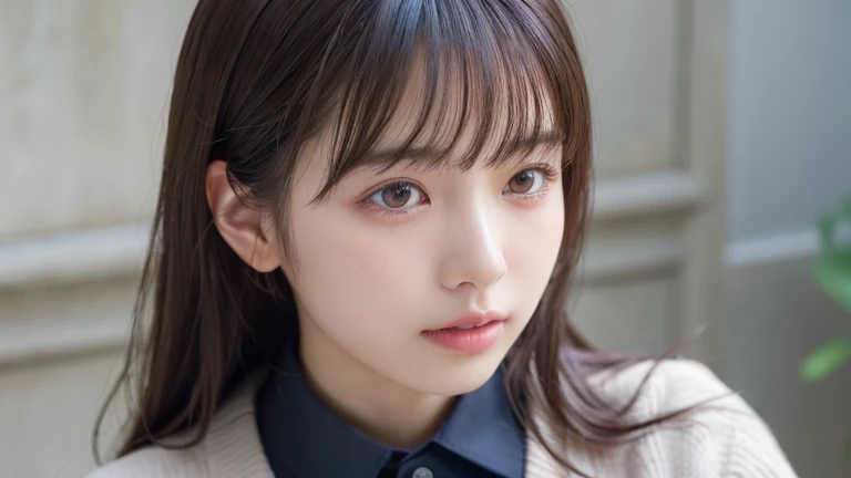 (Long Hair, bangs:1.2),(Wear a cardigan over a collared shirt:1.2),1 girl,Japanese,21 years old,(Small breasts:1.3),(Highest quality,masterpiece:1.3,超A high resolution,),(Ultra-detailed,Caustics),(Photorealistic:1.4,RAW shooting,)Ultra-Realistic Capture,Very detailed,High resolution 16K human skin close-up。 Natural skin texture、,Pores、、It needs to be detailed enough to be easily identifiable。 Skin should be even-toned and healthy looking。 Use natural light and colour, Sad expression, Looking at the camera, Perfect dynamic composition, Outdoor