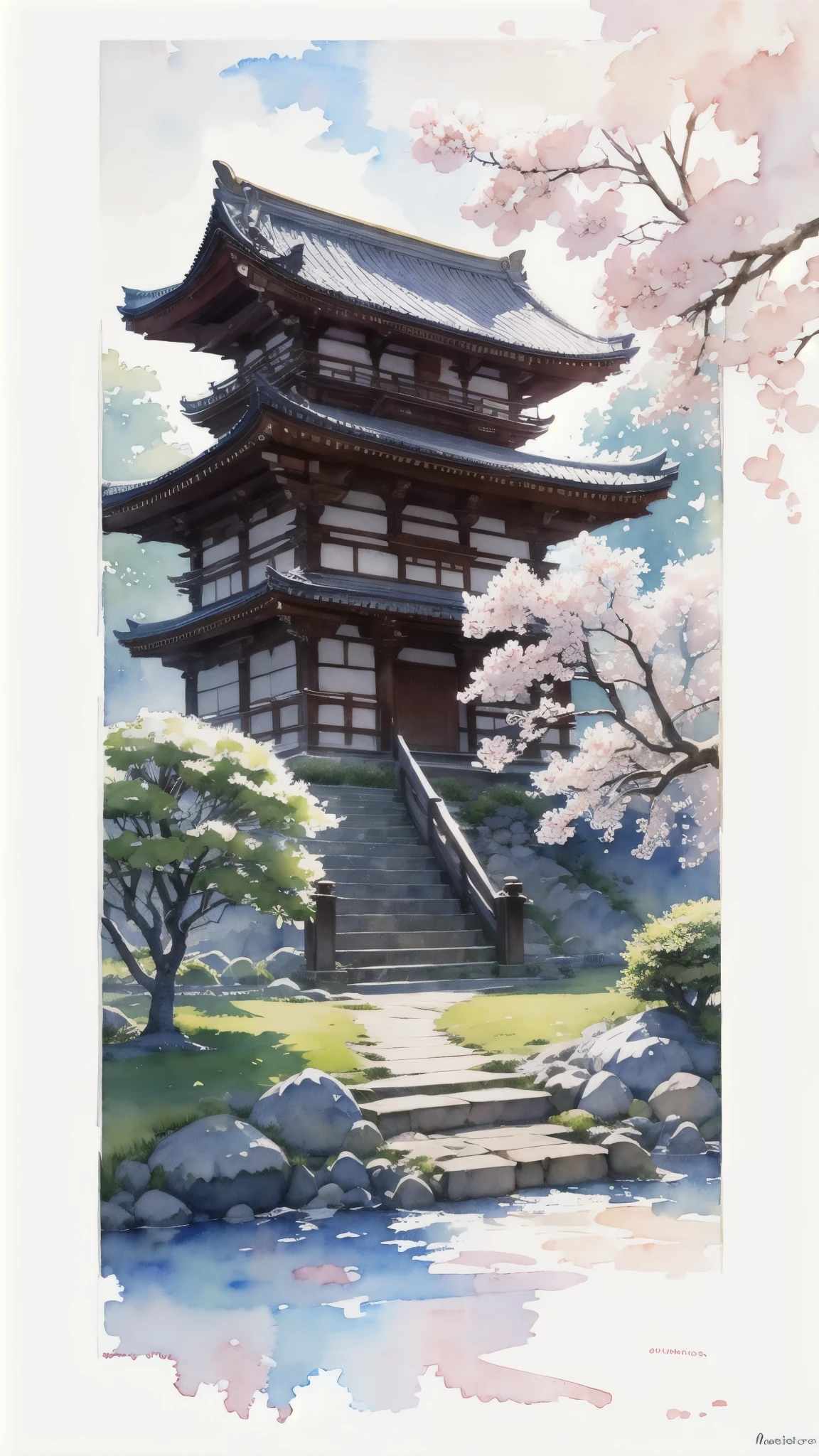 (masterpiece),(Highest quality:1.2),(Very detailed:1.2),(High resolution),(((watercolor))),8K,wallpaper,Japanese Temples,spring