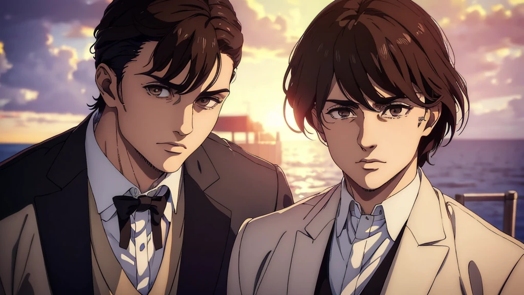 (best quality,4k,8k,highres,masterpiece:1.2),ultra-detailed,(realistic,photorealistic,photo-realistic:1.37), young man , mappa art style, heart-shaped face, almond-shaped brown eyes with positive canthal tilt, his eyesocket deep in the skull, , dark brown hair color, his hair is medium well styled , he looks handsome, he is fair, he looks very young, sharp jawline, he is wearing white three piece suit, vibrant color,