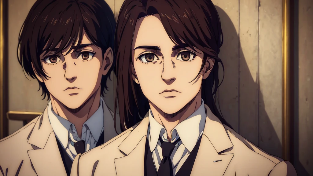 (best quality,4k,8k,highres,masterpiece:1.2),ultra-detailed,(realistic,photorealistic,photo-realistic:1.37), young man , mappa art style, heart-shaped face, almond-shaped brown eyes with positive canthal tilt, his eyesocket deep in the skull, , dark brown hair color, his hair is medium well styled , he looks handsome, he is fair, he looks very young, sharp jawline, he is wearing white three piece suit, vibrant color,