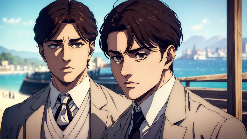(best quality,4k,8k,highres,masterpiece:1.2),ultra-detailed,(realistic,photorealistic,photo-realistic:1.37), young man , mappa art style, heart-shaped face, almond-shaped brown eyes with positive canthal tilt, his eyesocket deep in the skull, , dark brown hair color, his hair is medium well styled , he looks handsome, he is fair, he looks very young, sharp jawline, he is wearing white three piece suit, vibrant color,