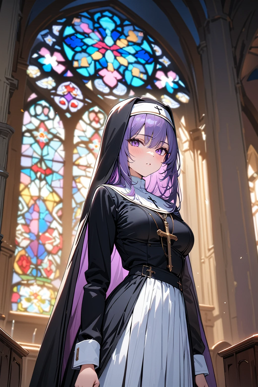 (masterpiece, best quality:1.5), (ultra detailed, high resolution, 8k, beautiful detailed, UHD, best anatomy), 1 cool girl, purple hair, medium breasts, nun's habit, church, stained glass, Intense gaze, cross, Blurry background