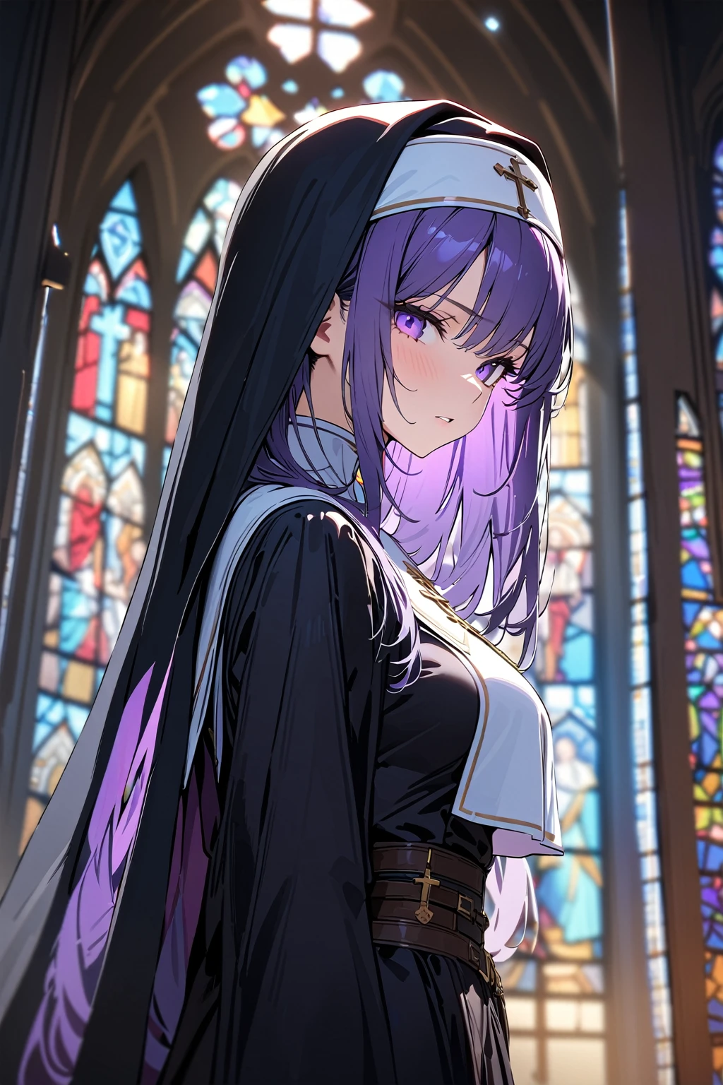 (masterpiece, best quality:1.5), (ultra detailed, high resolution, 8k, beautiful detailed, UHD, best anatomy), 1 cool girl, purple hair, medium breasts, nun's habit, church, stained glass, Intense gaze, cross, Blurry background
