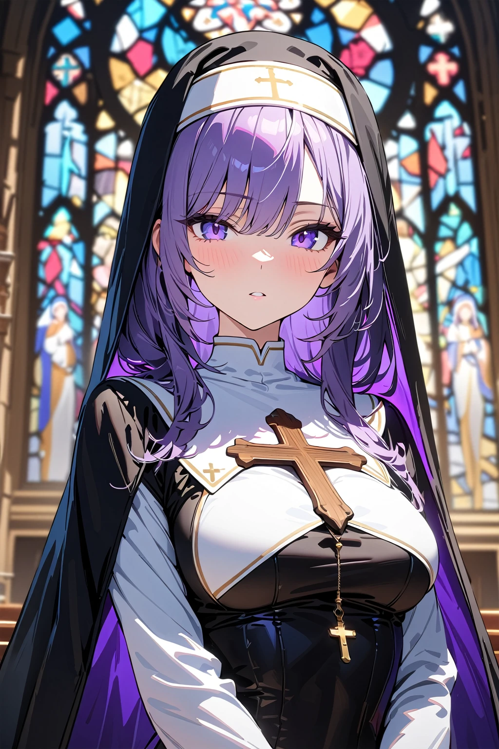 (masterpiece, best quality:1.5), (ultra detailed, high resolution, 8k, beautiful detailed, UHD, best anatomy), 1 cool girl, purple hair, medium breasts, nun's habit, church, stained glass, Intense gaze, cross, Blurry background