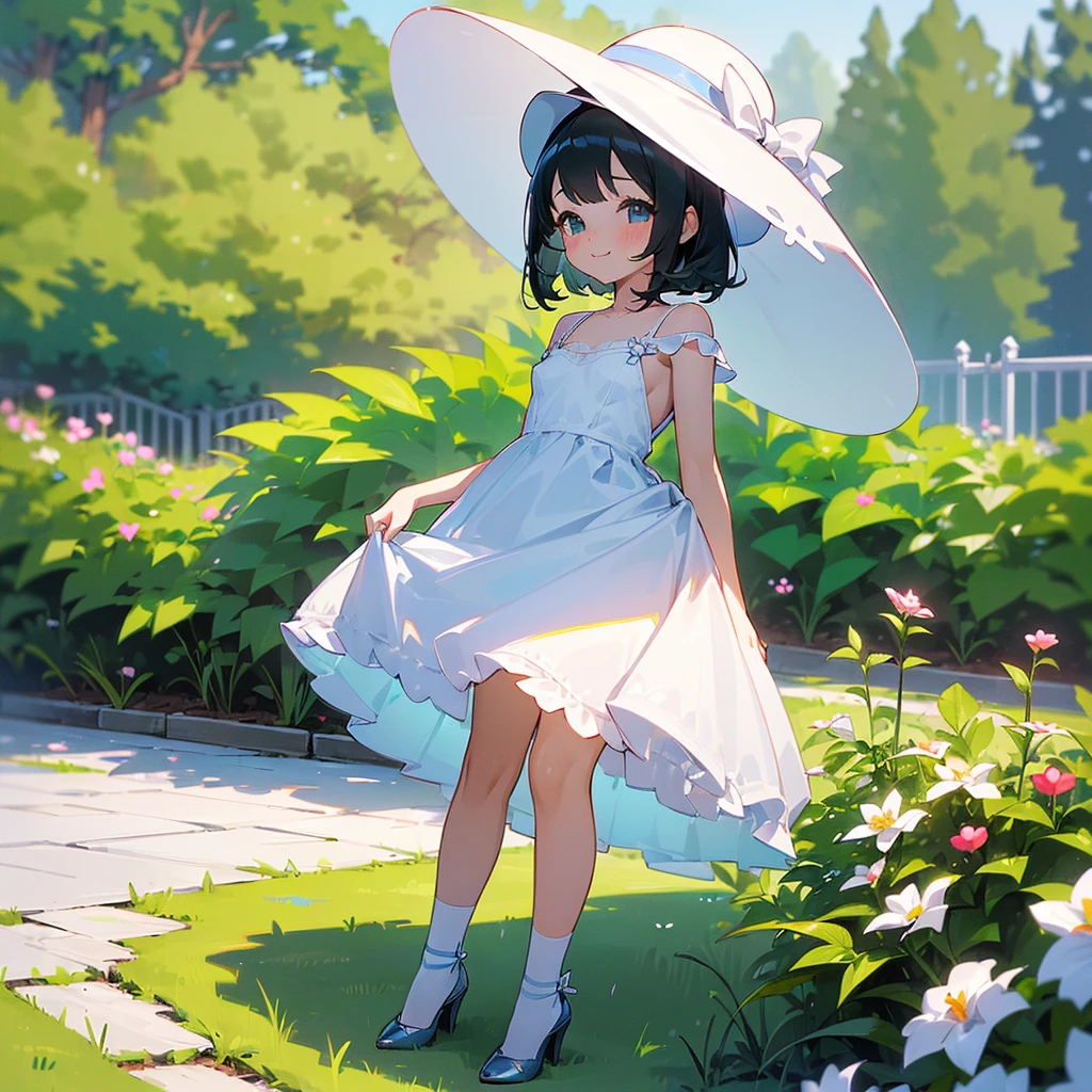(high quality, High resolution, Very detailed, reality:1.37), Peaceful atmosphere, (Outdoor, garden), 5 year old girl standing alone, (my breasts are small.), Beautiful details, Cute Smile, (Black bob hair), White sheer camisole dress, White socks, White high heels、wide hat with white brim.(((NSFW)))