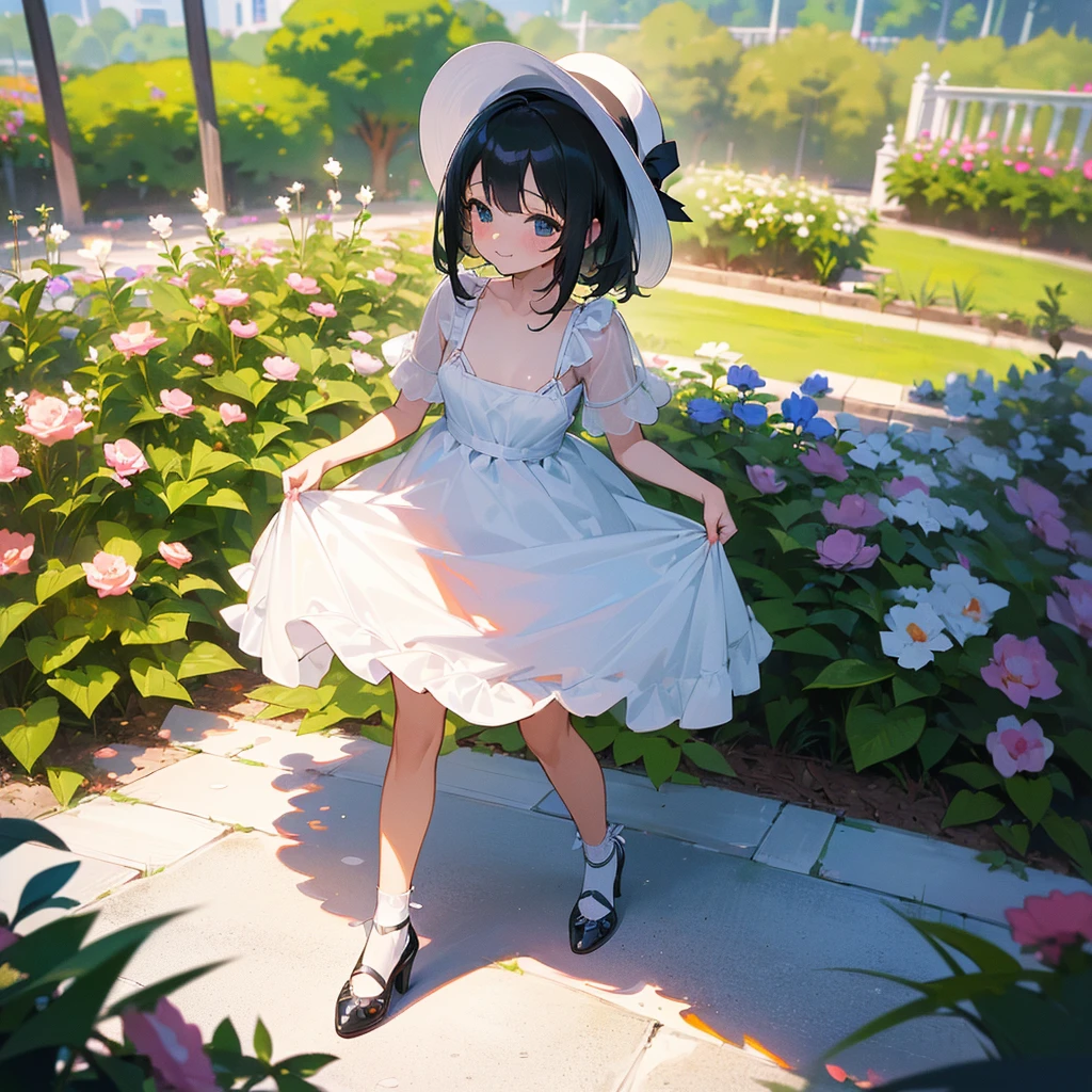(high quality, High resolution, Very detailed, reality:1.37), Peaceful atmosphere, (Outdoor, garden), 5 year old girl standing alone, (my breasts are small.), Beautiful details, Cute Smile, (Black bob hair), White sheer camisole dress, White socks, White high heels、wide hat with white brim.(((NSFW)))