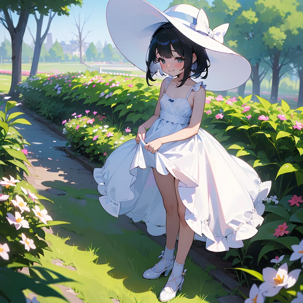 (high quality, High resolution, Very detailed, reality:1.37), Peaceful atmosphere, (Outdoor, garden), 5 year old girl standing alone, (my breasts are small.), Beautiful details, Cute Smile, (Black bob hair), White sheer camisole dress, White socks, White high heels、wide hat with white brim.(((NSFW)))