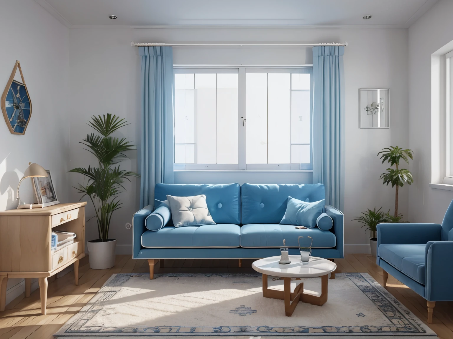 insanely detailed dollhouse, cozy bedroom, cute 3d render, attractive lights and shadows, white and blue cushions, architecture, furniture, indoors, building, living room, room, rug, plants, home decoration, sofa, chair, interior design