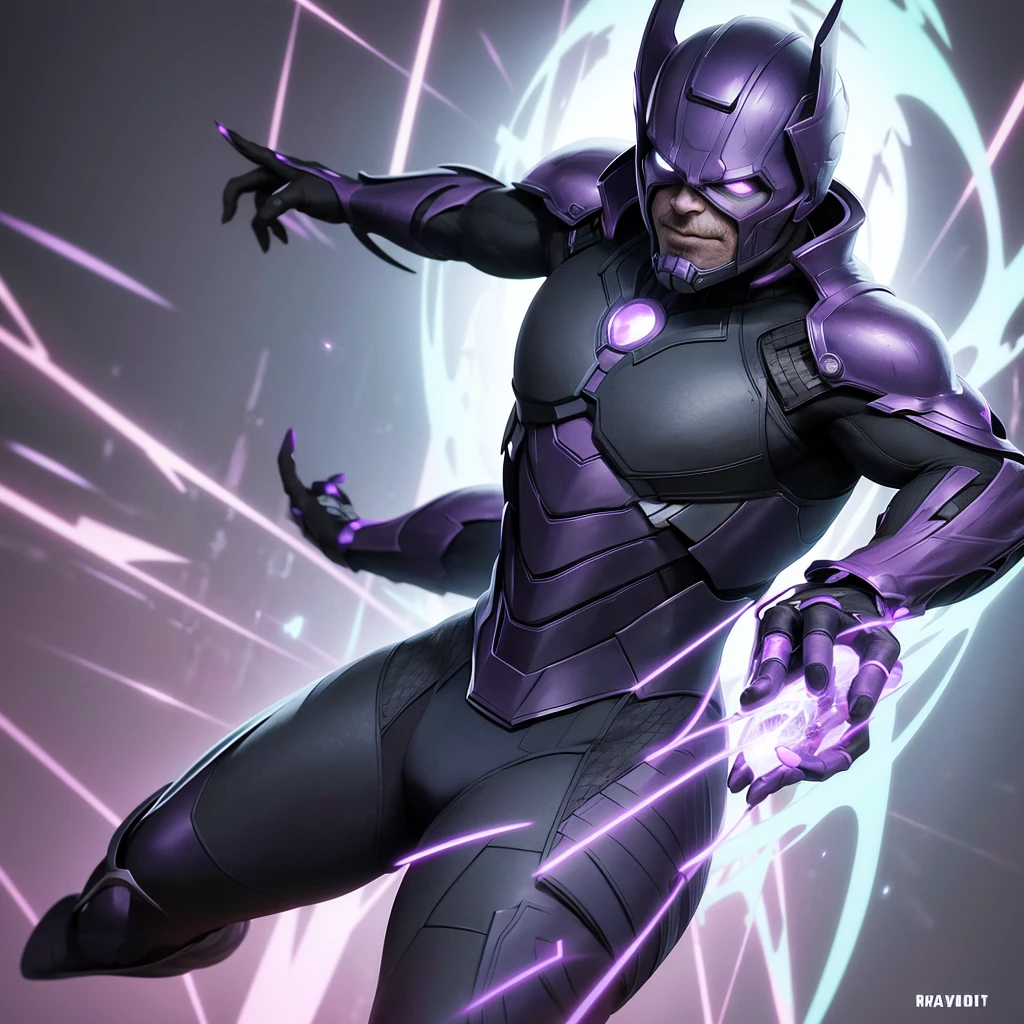 Create an intriguing scene featuring a rendition of the movie character Thanos. He should be depicted in black attire, exuding a mysterious aura against a dark and atmospheric background resembling a YouTuber's room. Incorporate elements such as green LED lights or holographic displays with subtle nods to the matrix-like digital aesthetics. The composition should convey a blend of futuristic technology and ominous ambiance, capturing Thanos in a unique and captivating visual style.The real purple Thanos that looks like villian character.
