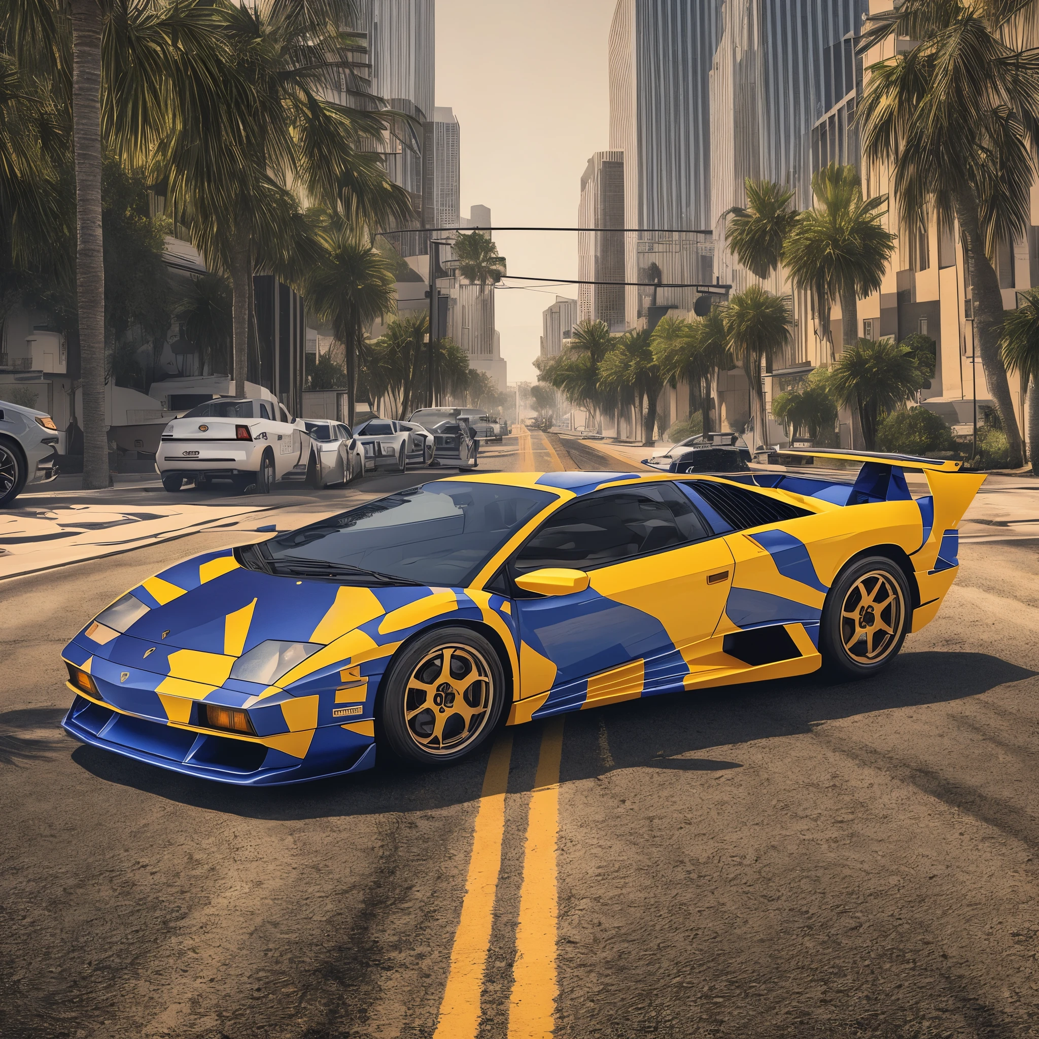 create a Lamborghini Diablo car graphic. It races through the streets of Los Angeles.