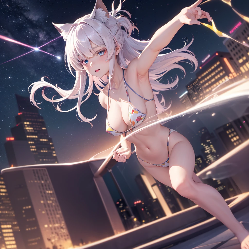 {{masterpiece}}, best quality, extremely detailed CG unity 8k wallpaper, cinematic lighting, lens flare, beautiful detail eyes, black, side glance, multicolor short white hair, colorful light, particles, heterochromia, (colorful:1.5), (colorful hair:1.5), show body goal, swimsuit, rooftop view, night,