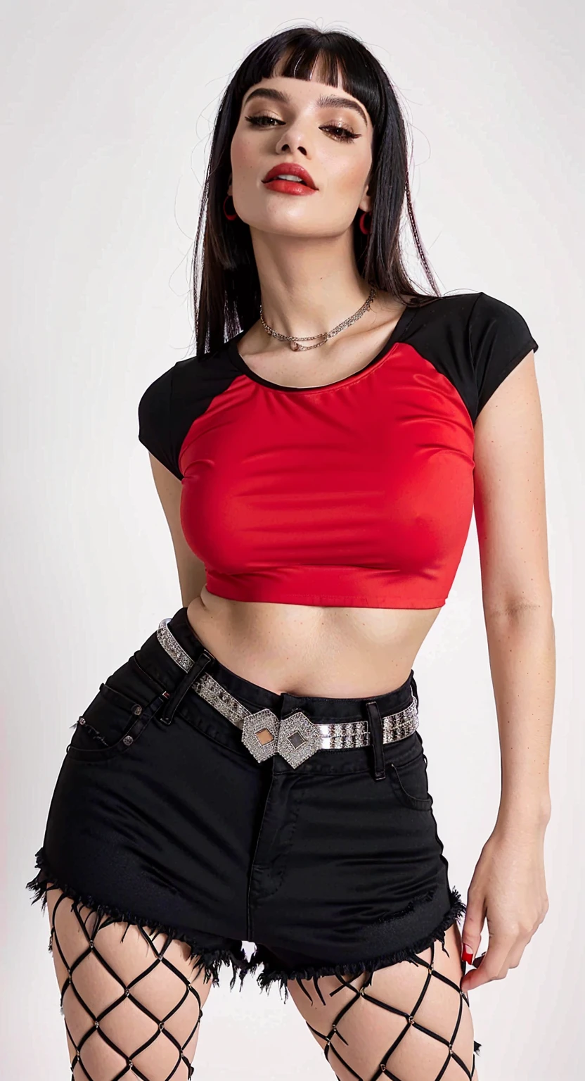 a woman in a red blouse and black shorts posing for a photo, with torn t-shirt, only black and red, top cut, usando um top cropped sexy, top cut, red black, wearing a cropped tops, Physicist : smallest belly ever, red and black, black red white clothes, wearing a cropped top, wearing top cut