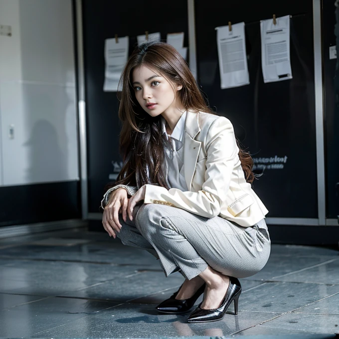 arafed asian woman Wearing a business suit squatting on the floor, Wearing white panties，Wearing a business suitいる, Girl in suit, Wearing a business suitいる, Wear a proper business suit, Wearing a business suit, Girl in suit, Wearing a strict suit, Yoshitomo Nara, Wear a tight suit, Beautiful face with arms and legs, Wearing a strict suitいる