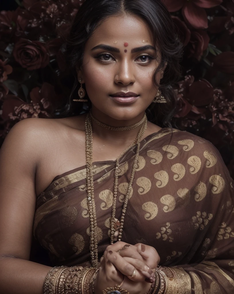Extremely gorgeous, round face, shoot for a famous cosmetics brand, shoot for top health magazine cover Page, bold photoshoot, bold looks, body positivity, stunning beauty, ravishing, spicy hot, sizzling hot, sensual shoot, artistic sensual photograpy, thick figure, curvy, Thick navel, sexy tempting lady, sexy navel folds, fleshy figure, woman with a flower in her hair and a flower in her hair, closeup portrait shot, movie stills photography, traditional beauty, body sweat, glistening skin, skin texture, skin pores, traditional clothes , traditional female hairstyles, pretty face!!, shot on sony alpha dslr-a300, indian woman with brown skin, indian goddess, traditional makeup, movie stills, actress, close - up portrait shot, detailed portrait shot, ultra HD, 32k,  hyper realistic, hyper realistic skin, High level professional photography, insane details, high quality skin, beautymarks, real photograph, add every possible elements to make the photo looks as real photograph,