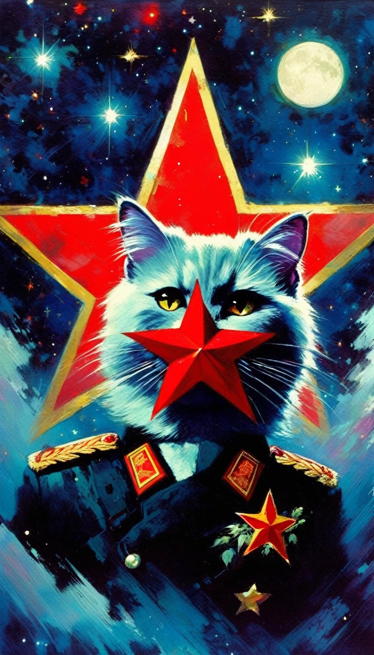 the communist cat, red star, magic, fantastic, night sky, moon, stars, background, (art inspired in Bill Sienkiewicz). oil painting)
