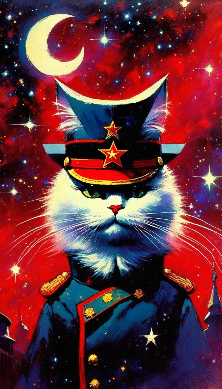 the communist cat, red star, magic, fantastic, night sky, moon, stars, background, (art inspired in Bill Sienkiewicz). oil painting)