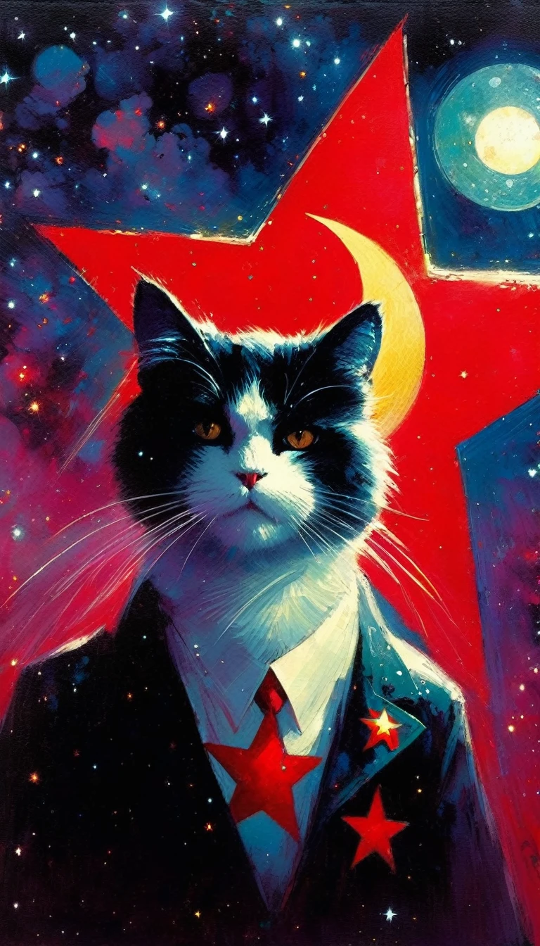 the communist cat, red star, magic, fantastic, night sky, moon, stars, background, (art inspired in Bill Sienkiewicz). oil painting)