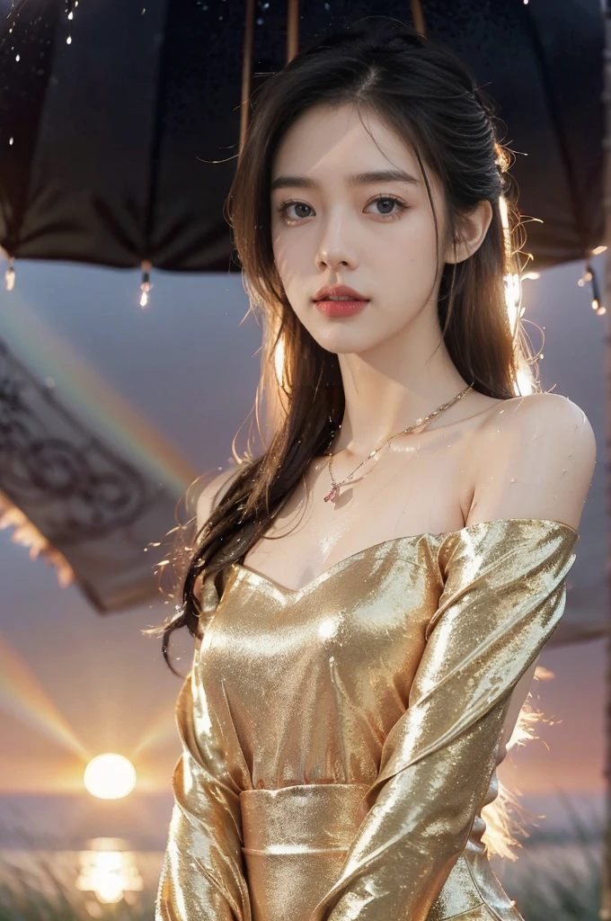 (((best quality))),(((ultra detailed))),(((masterpiece))),illustration,1 beautiful girl,solo,slim,thin,flat chest,shoulder length straight bob hair,flowing hair,fair skin,(shiny skin:1.3),sparkling eyes,cherry-red dress,delicate silver necklace,grass,dewdropletts,trees,bird chirping,(shimmering shadows:1.3),serenity,gratitude,awe,wonders of nature,peace,contentment,magnificent world,summer,(sunrise:1.5),(pitch-dark dawn:1.5),upper body,from front,(after rain:1.3),(wet:1.3),standing