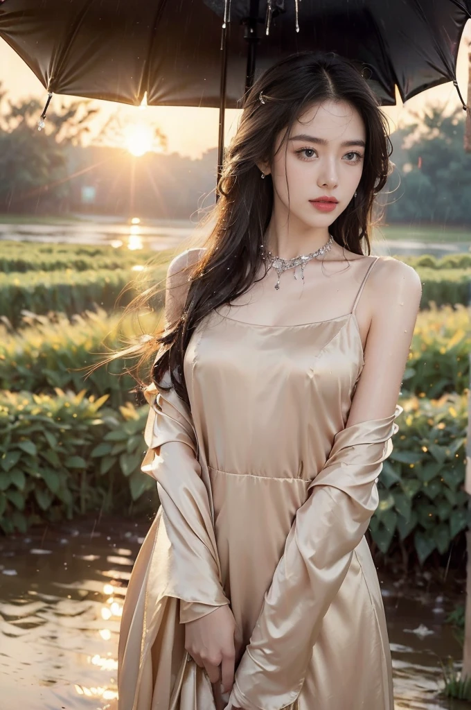 (((best quality))),(((ultra detailed))),(((masterpiece))),illustration,1 beautiful girl,solo,slim,thin,flat chest,shoulder length straight bob hair,flowing hair,fair skin,(shiny skin:1.3),sparkling eyes,cherry-red dress,delicate silver necklace,grass,dewdropletts,trees,bird chirping,(shimmering shadows:1.3),serenity,gratitude,awe,wonders of nature,peace,contentment,magnificent world,summer,(sunrise:1.5),(pitch-dark dawn:1.5),upper body,from front,(after rain:1.3),(wet:1.3),standing