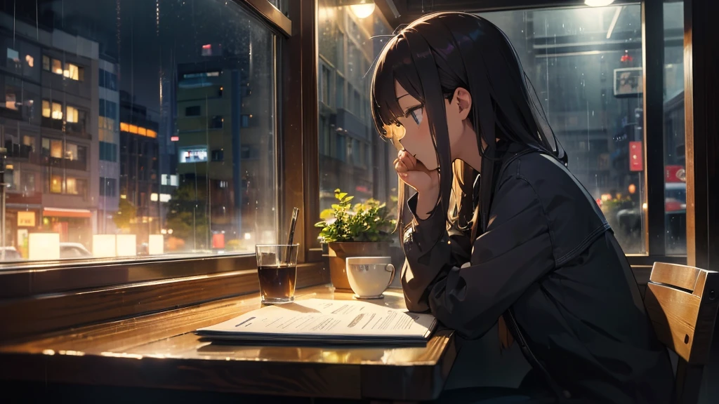 ((Highest quality)), ((masterpiece)), (detailed), At the window in the cafe。 Outside, the rain falls quietly in the evening sky. At the window in the cafe。 Warm lighting and calming colors。 The street lights are reflected beautifully in the window.。 A woman sits indoors、He is working with a ballpoint pen in one hand.。 Relaxed atmosphere。 On the table、Computers and Notebooks、On the tableにコーヒーのマグカップがある
