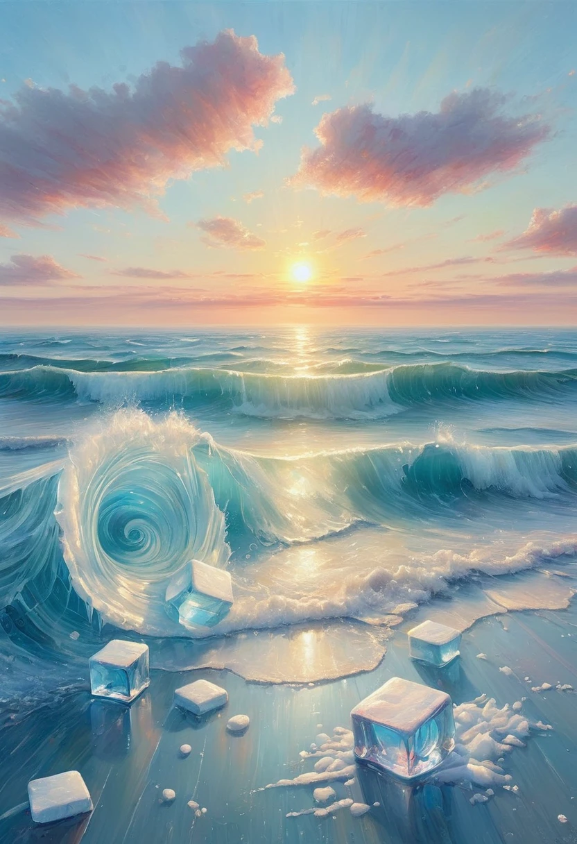 An oil painting:(((sunrise,Ocean,horizon,peaceful))),(Ice cubes里的红色玫瑰:1.37),Ice cubes,Frozen Rose,Refracted Light