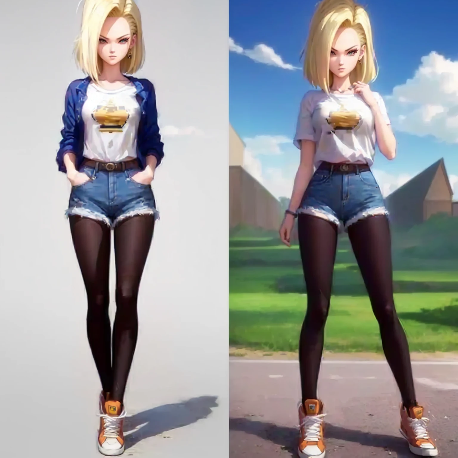 two pictures of a woman in short shorts and a t - shirt, android 18, realistic anime 3 d style, realistic anime art style, high quality anime artstyle, saiyan girl, anime girl in real life, anime art style, anime style character, anime barbie in white stockings, style anime, anime woman fullbody art, anime highly detailed