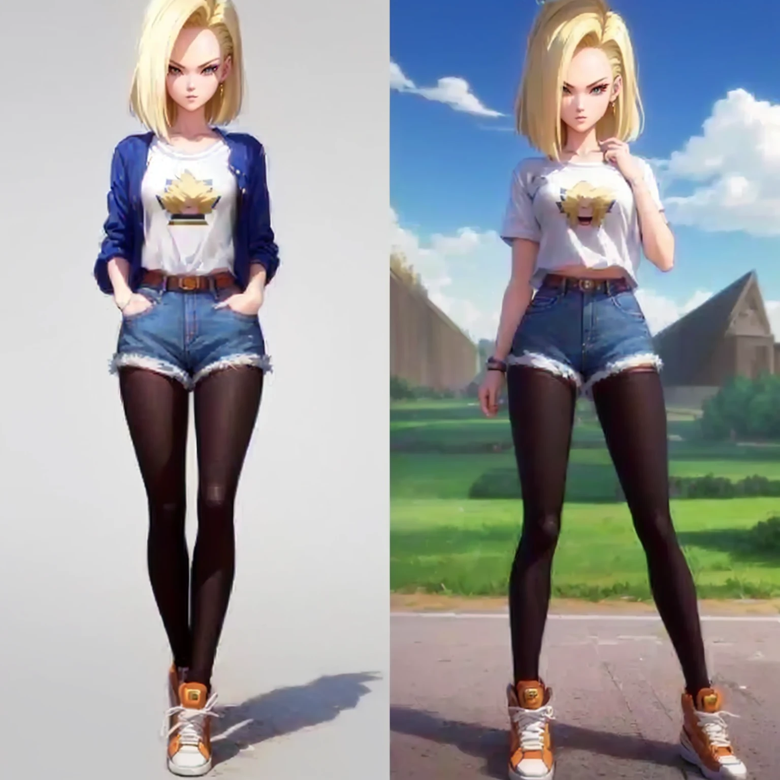 two pictures of a woman in short shorts and a t - shirt, android 18, realistic anime 3 d style, realistic anime art style, high quality anime artstyle, saiyan girl, anime girl in real life, anime art style, anime style character, anime barbie in white stockings, style anime, anime woman fullbody art, anime highly detailed