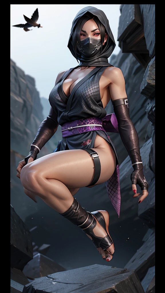 Female ninja wearing short kimono in fishnet with bare feet and black toe nails exposed with boob cleavage showing