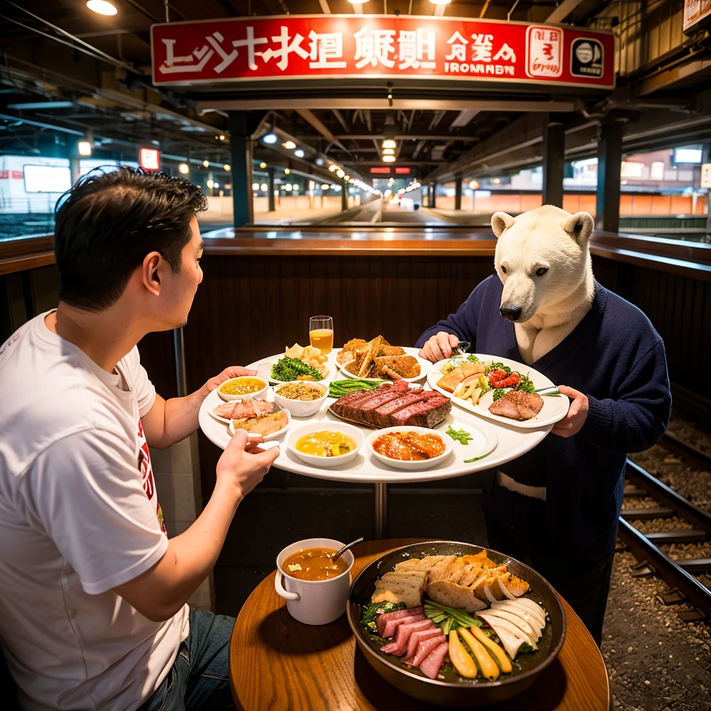 Polar bear eating yakiniku on the railroad tracks