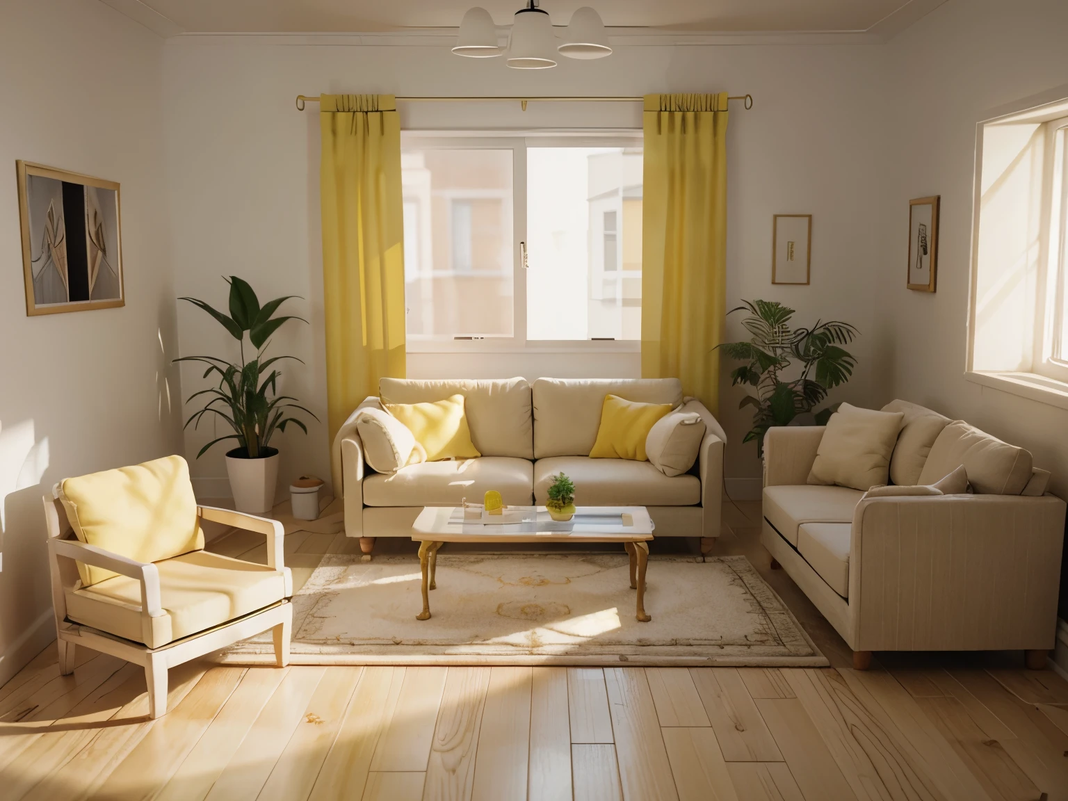 insanely detailed dollhouse, cozy bedroom, cute 3d render, attractive lights and shadows, white and yellow cushions, architecture, furniture, indoors, building, living room, room, rug, plants, home decoration, sofa, chair, interior design