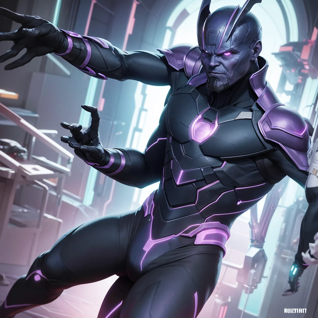 Create an intriguing scene featuring a rendition of the movie character Thanos. He should be depicted in black attire, exuding a mysterious aura against a dark and atmospheric background resembling a YouTuber's room. Incorporate elements such as green LED lights or holographic displays with subtle nods to the matrix-like digital aesthetics. The composition should convey a blend of futuristic technology and ominous ambiance, capturing Thanos in a unique and captivating visual style.