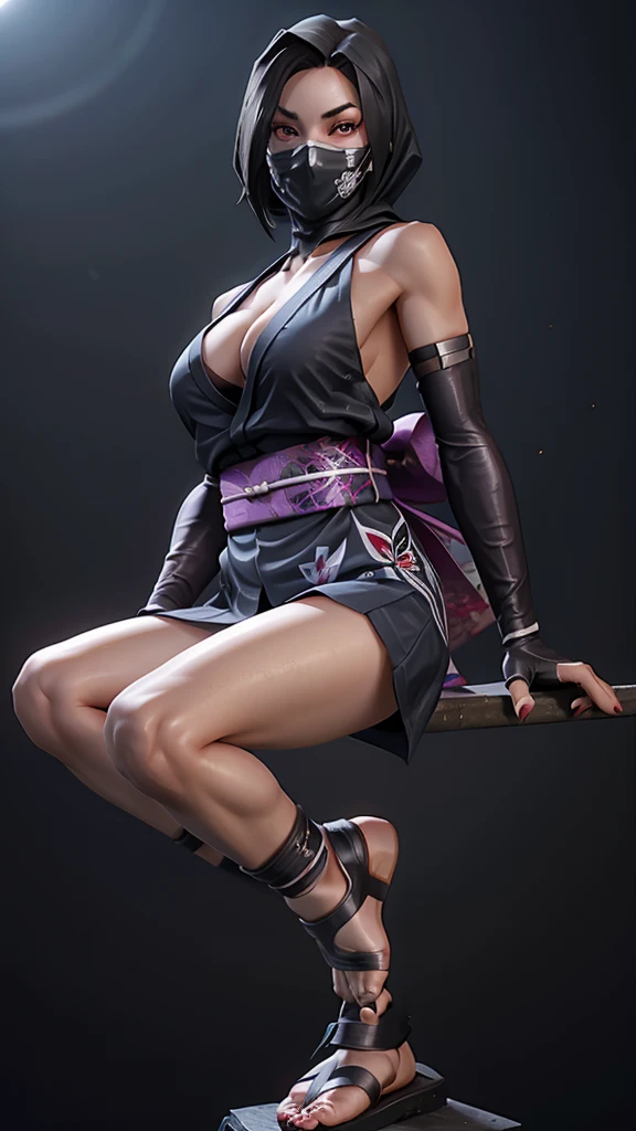 beautiful Female ninja in short kimono with bare feet and black toe nails exposed with boob cleavage showing