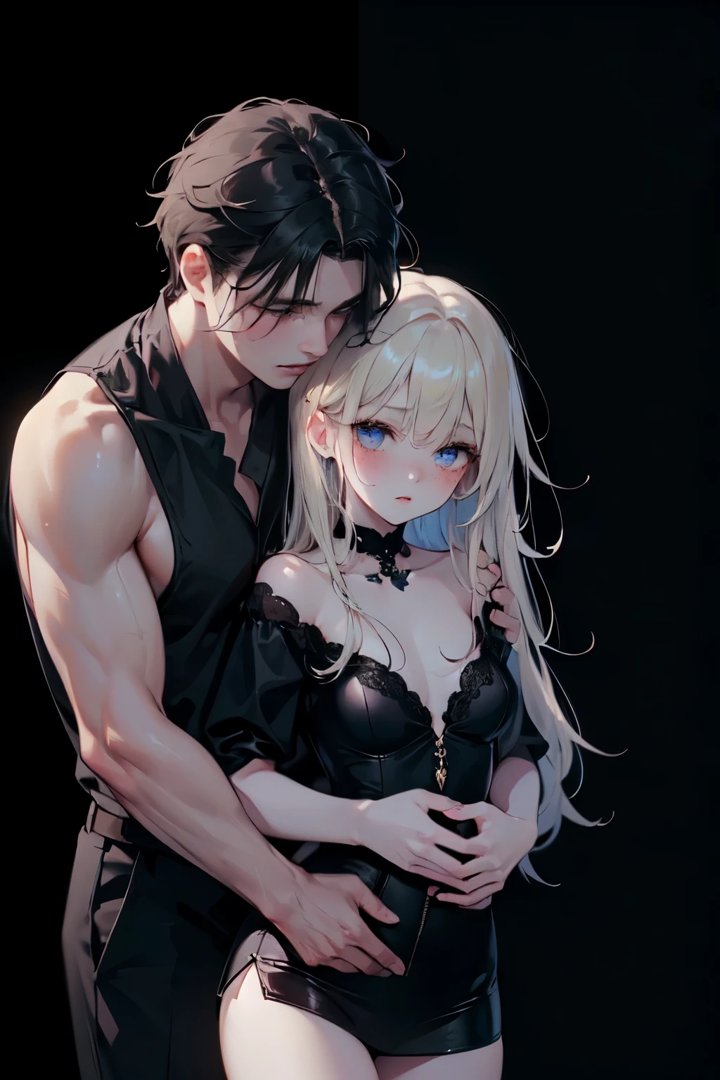 (((full-body view))), ((sexy)), ((girl and man)), ((dark fantasy)),mature male, 30-ish, (wide shoulder), ((no chest hair)),man with short black Quiff hair with Soft Fringe, (bangs part on side 3:7 ratio), blue eyes, upper body, short hair, looking at viewer, parted lips, round eyewear, showing a bit of muscles,(( girl with wavy hair, pale skin, long light blond hair),((light blue eyes)), freckles,(girl 18 years old),erotic posing,Gothic background, Dark fantastic view,Best Quality,masutepiece,8K,The ultimate detailed dark background, Top image quality、RAW photography、超A high resolution, overall look is very erotic, round chest, Beautiful Eyes of Details、Very slender eyes、Beautiful eyelashes、Very slim physique, with blush cheeks