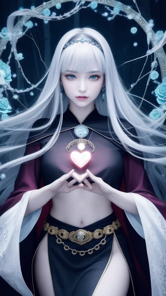 (masterpiece, top quality, 1 female, solo, exquisite details, chromatic aberration), (realistic), (skin), ((breathing)), (silver hair, blunt bangs, short cut straight long hair, short cut bangs, silver hair), beautiful hair, red headdress, blue highlights, hair over one eye, cute eyes,purple eyes, thick lips, earrings, piercing eyes, ((pink and white kimono)), ((symmetrical eyes)), ((perfectly symmetrical body)), ((perfectly symmetrical hands)), (purerosface_v1:0.3), night, (((self, natural light))), bright lighting, flowers blooming in the background, front of viewer, ((central shot, from the front, (face and waist))), mysterious atmosphere, flowers blooming around, light colored background, fortune teller in kimono, beautiful fortune teller, fortune teller, dark fantasy female fortune teller, female fortune teller, f Fantasy photography, magician, witch fairy tale, Japanese style, elegant cinematic fantasy art, fantasy woman, magician portrait, casting a spell, fortune teller, unsexy kimono, A powerful wizard stands in a mysterious forest, fluttering robes adorned with symbols, holding a glowing heart crystal ball, eyes glowing with mystical energy, spells leaking from his mouth, vivid swirling patterns of black magic pulsating in hues of red and blue appear in the air, magic permeates, flowers bloom and sacred creatures gaze in awe, threads of magical energy dance, revealing hidden realms and unravelling secrets, capturing the essence of this enchanting moment and bringing to life the mysterious power of black magic on a canvas of the highest quality and finest detail. Top Quality, Masterpiece, Ultra High Resolution, (Photorealistic: 1.4), RAW Photo, Sharp Focus, High Resolution, Detailed Skin, .