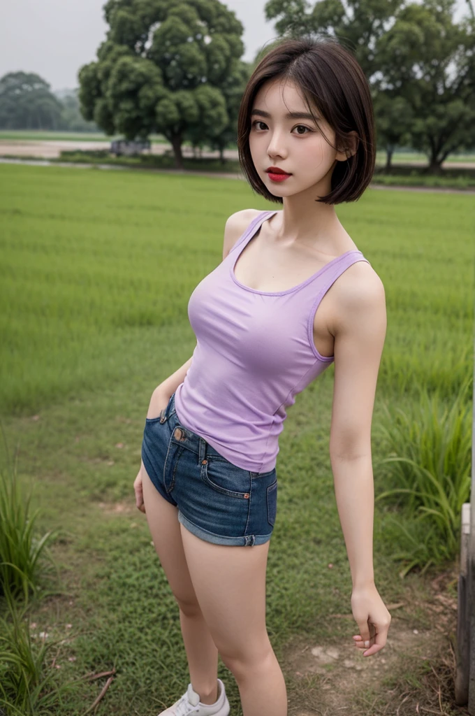 A very cute girl, solo, young, wearing purple tank top and short pants, big breasts, white and smooth skin, standing, full body, medium hairs, red lip, at rice field, realistic face