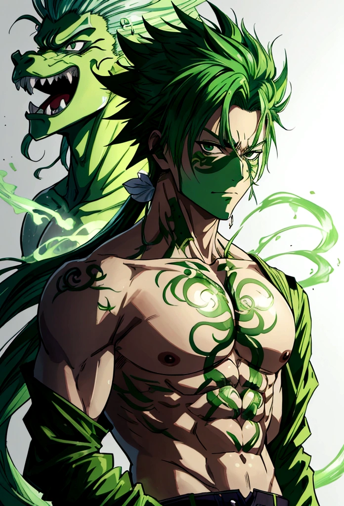 Generate an anime-style illustration of a teenage male character with the appearance of a Gorgon. He should have pale skin, sharp facial features, and a monstrous look, with green scales covering parts of his face and body. His hair should be made entirely of slender, elegant white snakes with subtle green highlights, all oozing a green liquid aura. The snakes should have piercing red eyes. The character should be wearing a white trench coat hoodie with accents of green, creating a harmonious green and white color theme. He should have a sinister grin on his face. Please ensure that the overall aesthetic remains true to traditional anime art style