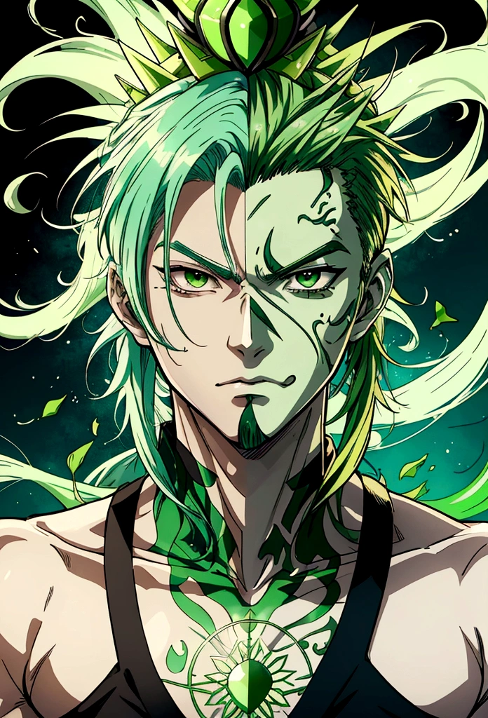 a close up of a person with green hair and a green head, an anime drawing inspired by Eiichiro Oda, tumblr, sōsaku made, Roronoa zoro, human and dragon fusion, green mane, green fire, green aura, Badass anime 8 K, anime wallaper, green head, phone wallpaper, green colored skin!!
