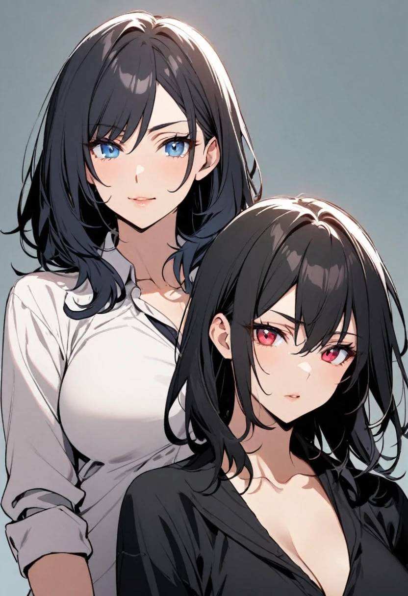 girl, black hair, medium hair, two colors eyes, one blue eyes, one red eyes, mature