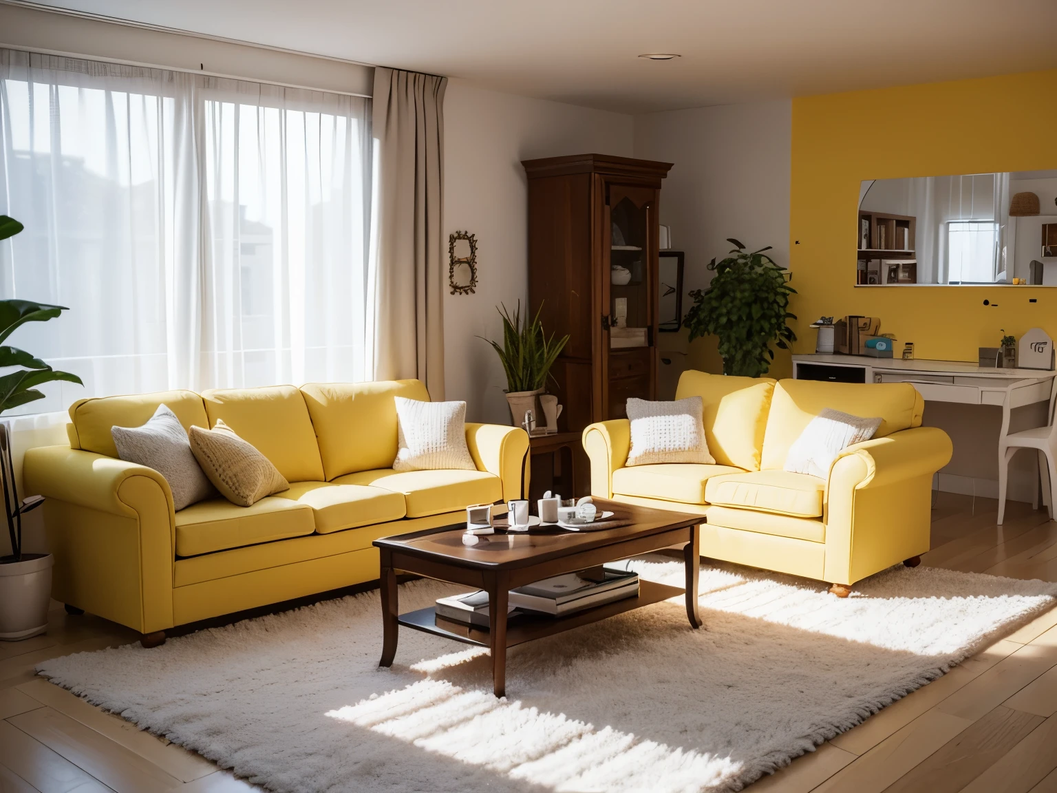 insanely detailed dollhouse, cozy bedroom, cute 3d render, attractive lights and shadows, white and yellow cushions, architecture, furniture, indoors, building, living room, room, rug, plants, home decoration, sofa, chair, interior design