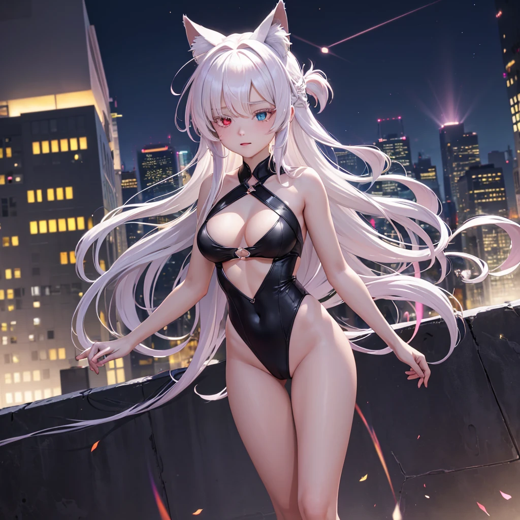 {{masterpiece}}, best quality, extremely detailed CG unity 8k wallpaper, cinematic lighting, lens flare, beautiful detail eyes, black, side glance, multicolor short white hair, colorful light, particles, heterochromia, (colorful:1.5), (colorful hair:1.5), show body goal, swimsuit, rooftop view, night,