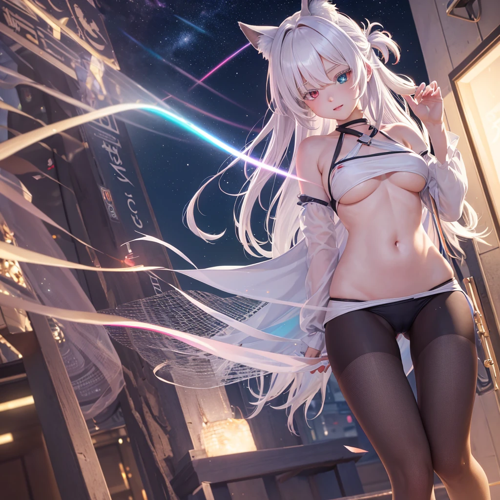 {{masterpiece}}, best quality, extremely detailed CG unity 8k wallpaper, cinematic lighting, lens flare, beautiful detail eyes, black,  side glance,  multicolor short white hair, colorful light, particles, heterochromia, (colorful:1.5), (colorful hair:1.5), show body goal, swimsuit, rooftop view, night,