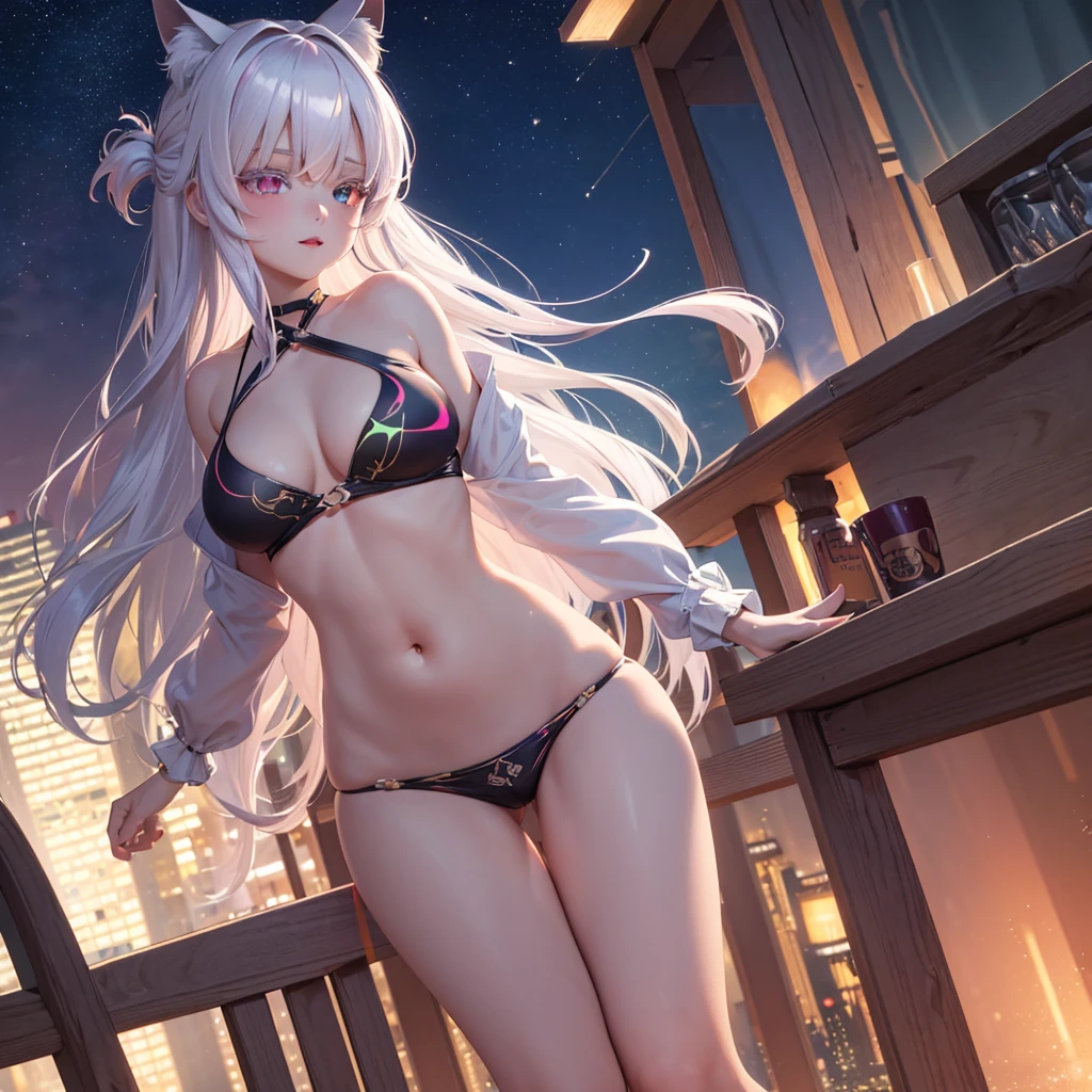 {{masterpiece}}, best quality, extremely detailed CG unity 8k wallpaper, cinematic lighting, lens flare, beautiful detail eyes, black,  side glance,  multicolor short white hair, colorful light, particles, heterochromia, (colorful:1.5), (colorful hair:1.5), show body goal, swimsuit, rooftop view, night,