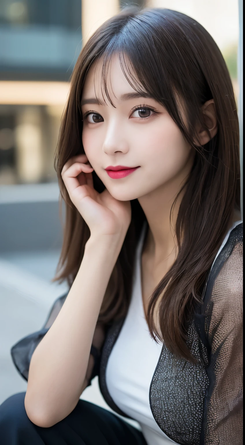 Tabletop, Highest quality, shape, Very detailed, finely, High resolution, 8k wallpaper, 完璧なダイナミックな構shape, Beautiful and exquisite, Nice spring clothes,Beautiful straight hair,Small breasts,Natural color lip, 20-year-old girl、cute、sexy shot looking at camera,Always blur the background,Perfect and beautiful face、Slim face and figure,Big eyes、Putting on gal makeup,Actual Photos（Best image quality）、Sexy Face、Fashion magazine model pose、A shy smile、Cyberpunk Fashion、Change pose randomly、Randomly change the shooting angle and position、Evangelion（Rei Ayanami Cosplay）