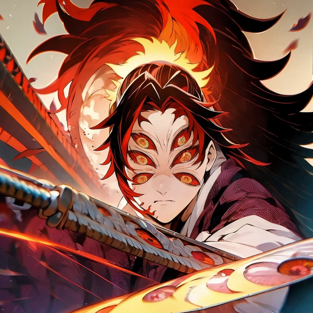 Kokushibo, cool, dynamic, 8k, with Kokushibo's sword, in fire
(best quality, 8k, highres, masterpiece:1.2), dynamic, powerful, intense, beautiful detailed eyes, detailed facial features, flowing long hair, confident stance, fierce expression, sharp and elegant sword, vibrant flames surrounding Kokushibo, dramatic lighting and shadows, realistic fire effects, rich and saturated colors, capturing the essence of Kokushibo's strength and presence, artistic brush strokes and textures, harmonious composition, masterfully capturing the intensity and energy of the scene.