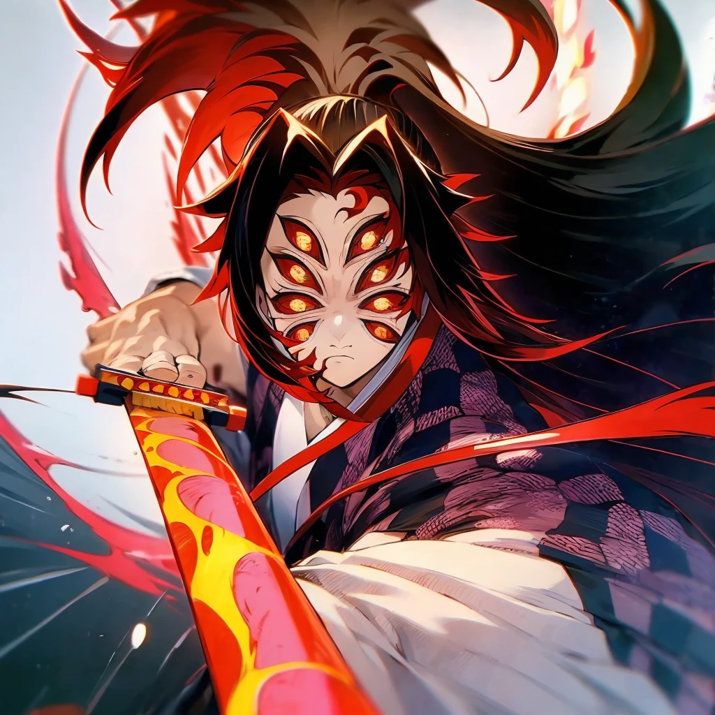 Kokushibo, cool, dynamic, 8k, with Kokushibo's sword, in fire
(best quality, 8k, highres, masterpiece:1.2), dynamic, powerful, intense, beautiful detailed eyes, detailed facial features, flowing long hair, confident stance, fierce expression, sharp and elegant sword, vibrant flames surrounding Kokushibo, dramatic lighting and shadows, realistic fire effects, rich and saturated colors, capturing the essence of Kokushibo's strength and presence, artistic brush strokes and textures, harmonious composition, masterfully capturing the intensity and energy of the scene.